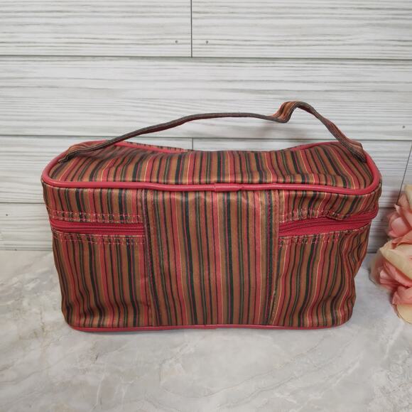 Lancôme Promo Cosmetic Bag Make Up Purse Red Striped Travel Pouch w/Handle 9x4" - Picture 6 of 9